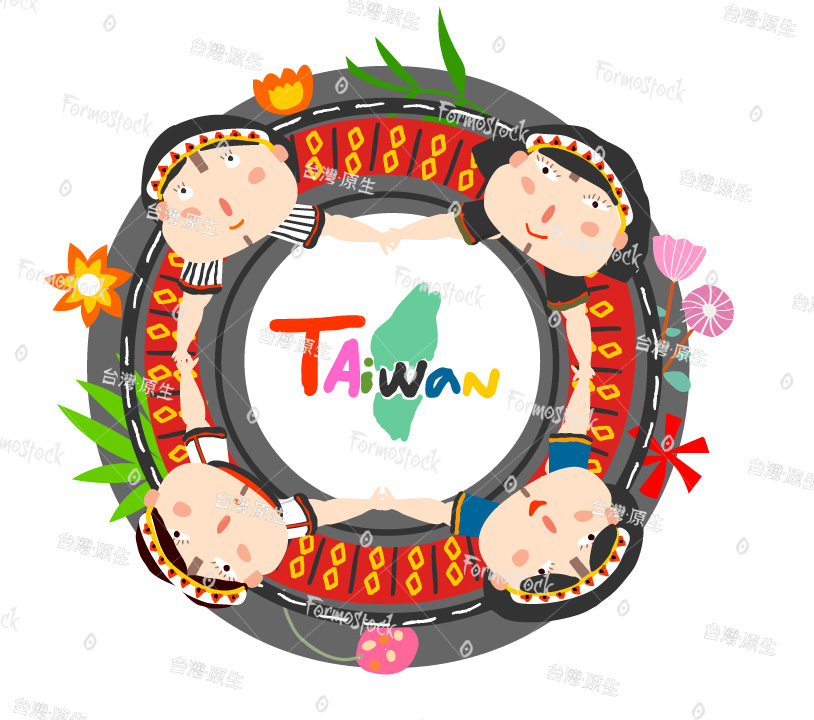 台灣原住民代表的圖騰、花卉與顏色，有男生和女生，像一個標誌或是徽章