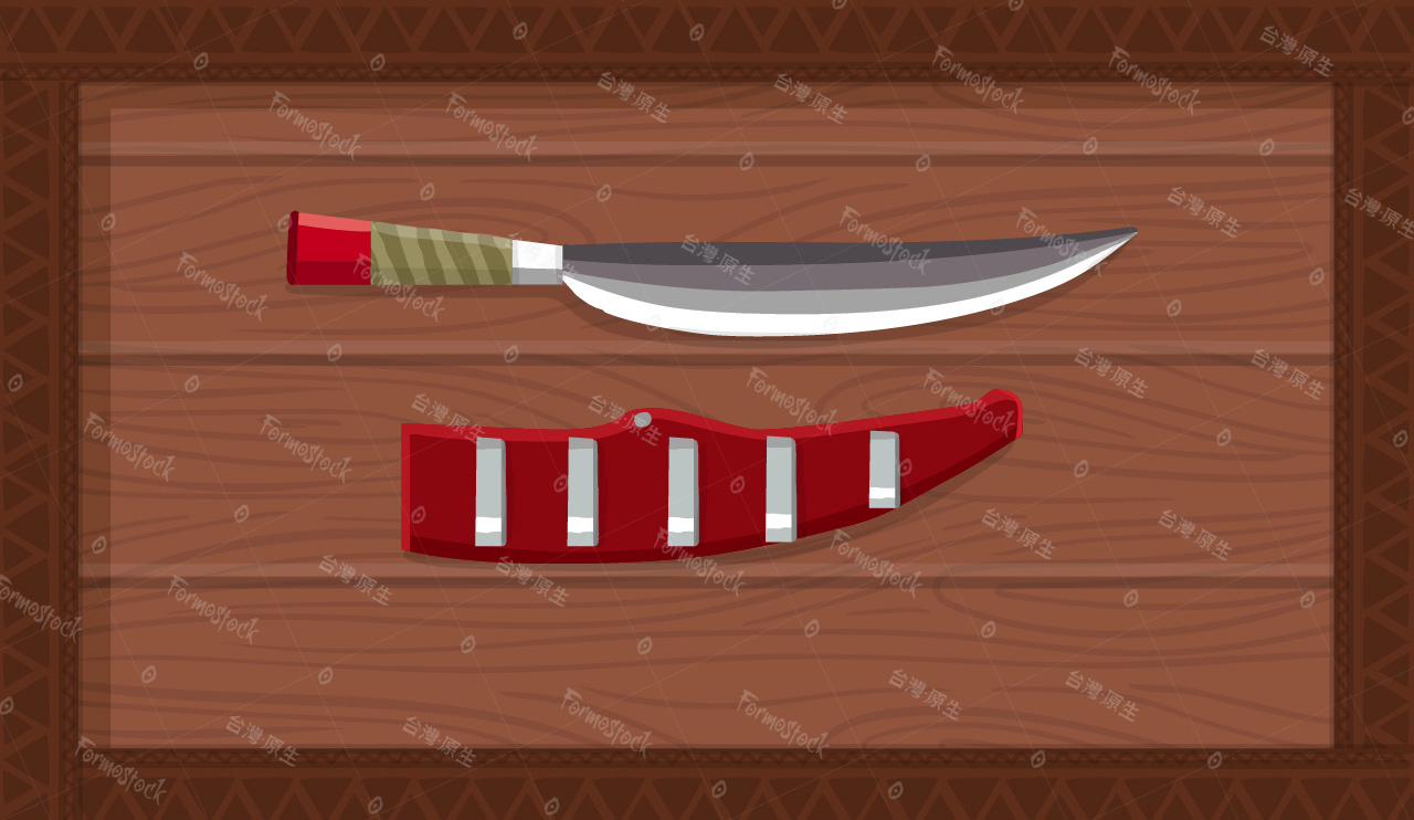 台灣原住民傳統的獵刀，小刀，匕首，用木盤裝著，象徵與代表原民最深層的文化