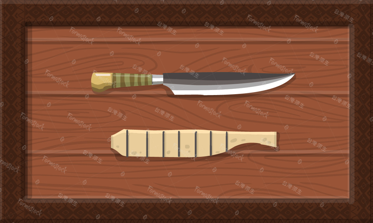 台灣原住民傳統的尖銳獵刀，小刀，匕首，用木盤裝著，象徵與代表原民最深層的文化