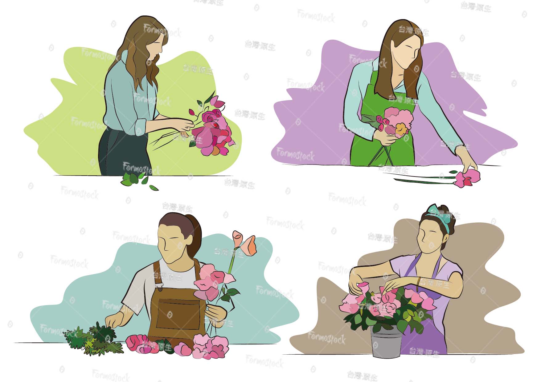 花店賣花的女子整理著花束
