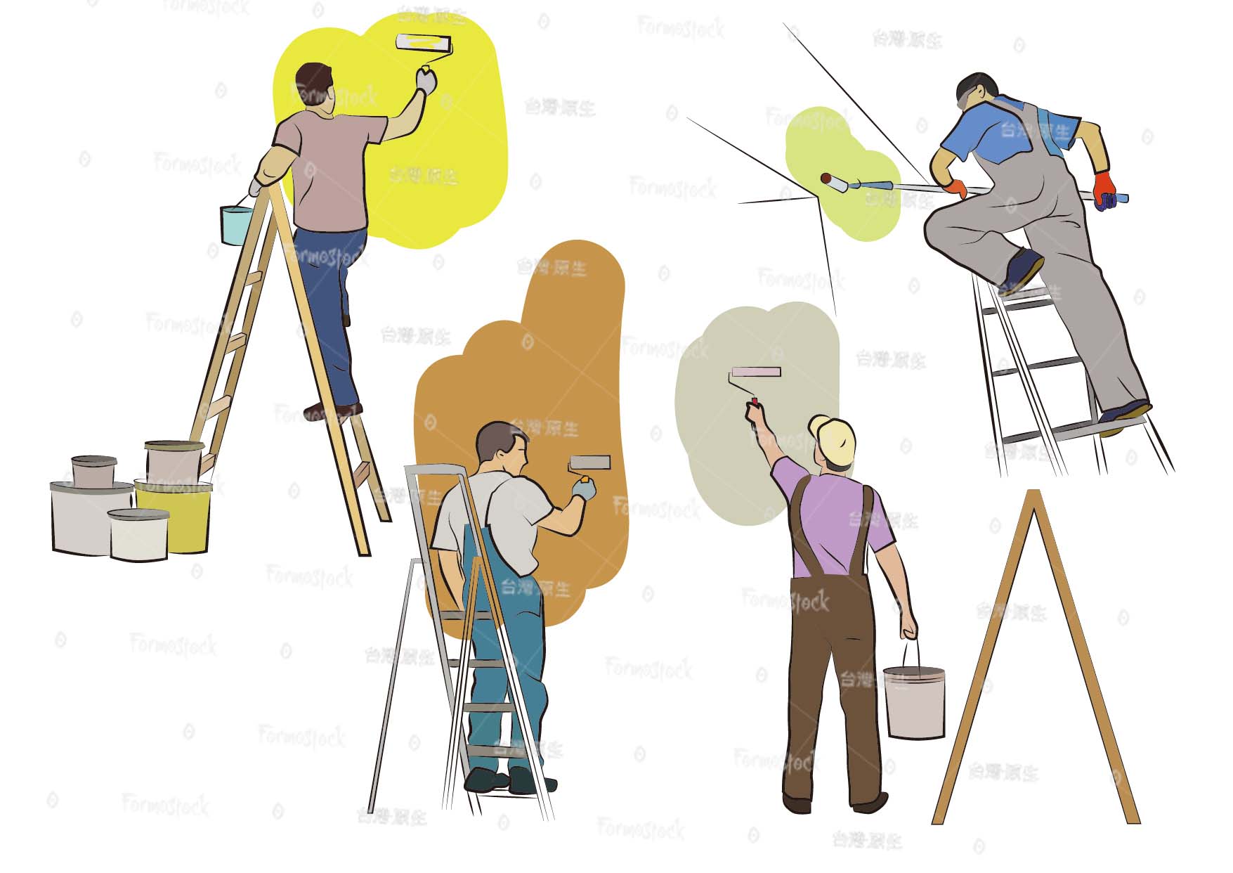 油漆工人各種工作姿勢的向量圖